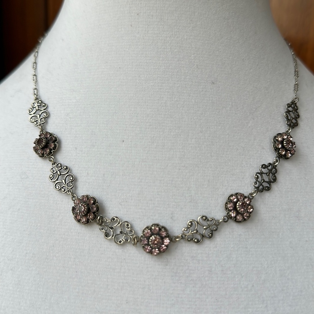 Vintage Liz Paiacios of SF Silver and Pink Crystal Floral Necklace - Picture 1 of 5